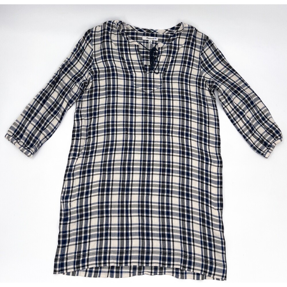 Madewell Shirt Dress Womens Extra Small Beige Blue Plaid Pul lon Lace 3/4 Sleeve